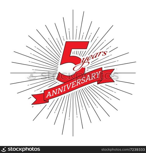 5th anniversary. Greeting inscription with salute and ribbon, vector illustration isolated on white background