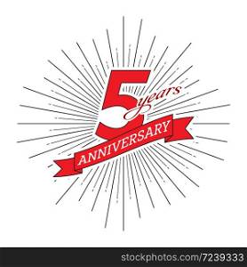 5th anniversary. Greeting inscription with salute and ribbon, vector illustration isolated on white background
