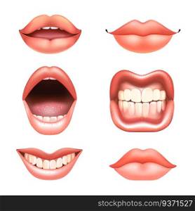 6 beautiful female nude lips with teeth for different designs. Pink lipstick color. Relaistic vector illustration. Different emotions.. 6 beautiful female nude lips with teeth for different designs. Pink lipstick color. Relaistic vector illustration.