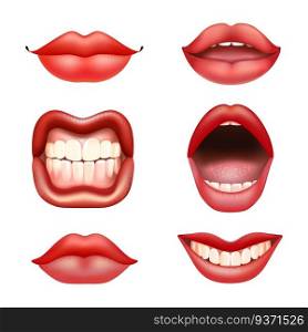 6 beautiful female red lips with teeth for different designs. Dark red lipstick color. Relaistic vector illustration. Relaistic vector illustration. Different emotions.. 6 beautiful female red lips with teeth for different designs. Dark red lipstick color. Relaistic vector illustration.