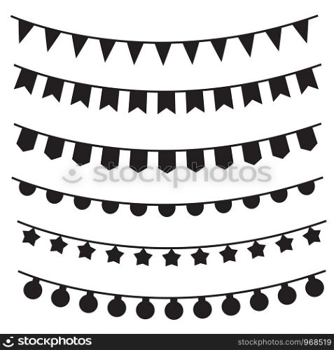 6 Bunting Banner on white background. flat style. Garland sign for your web site design, logo, app, UI. Pennant symbol. Birthday Banner sign.