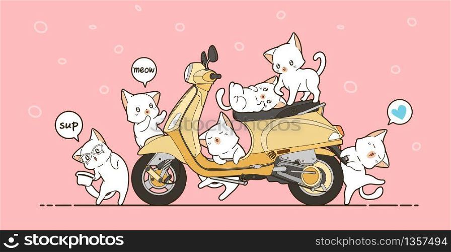 6 cute cats and yellow motorcycle in cartoon style.