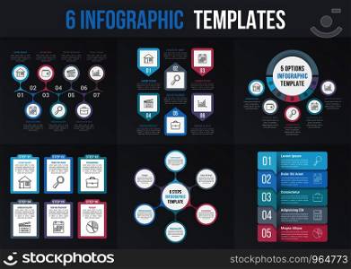 6 Infographic templates - workflow, process diagrams, steps options, circle infographics, vector eps10 illustration. 6 Infographic Templates