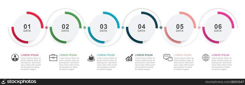 6 infographics circle timeline with number data template. Vector illustration abstract background.