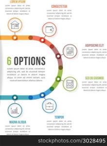 6 Options Infographic Template. 6 Options infographic template with line icons for presentations, reports, brochures etc, can be used as steps, workflow, process, vector eps10 illustration
