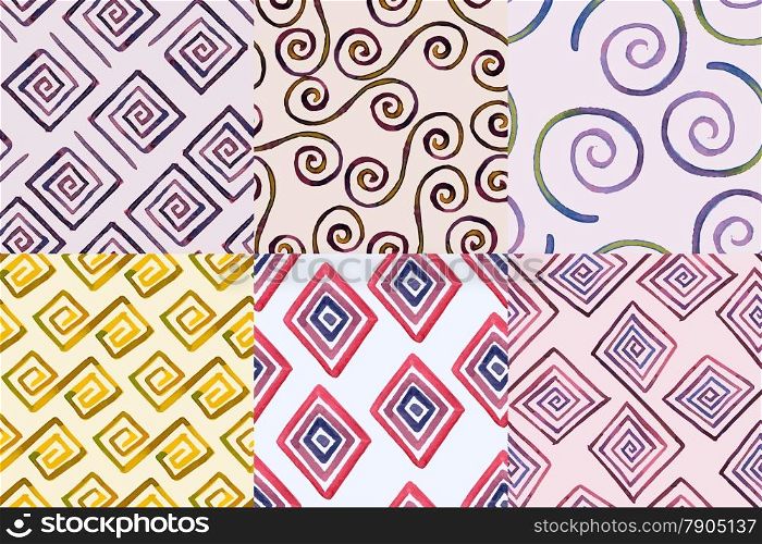 6 Seamless Geometric Hand Drawn Watercolor Patterns