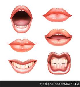 6 shining beautiful female nude lips with teeth for different designs. Pink lipstick color. Relaistic vector illustration. Different emotions.. 6 shining beautiful female nude lips with teeth for different designs. Pink lipstick color. Relaistic vector illustration.