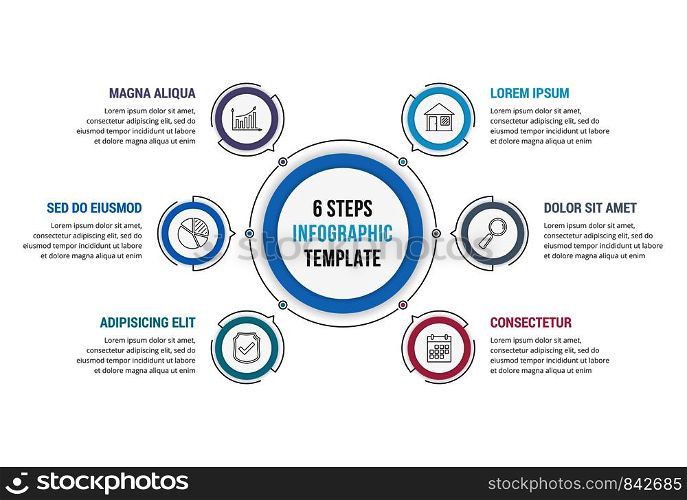 6 Steps - circle infographic template, workflow or process diagram, vector eps10 illustration. 6 Steps Infographics