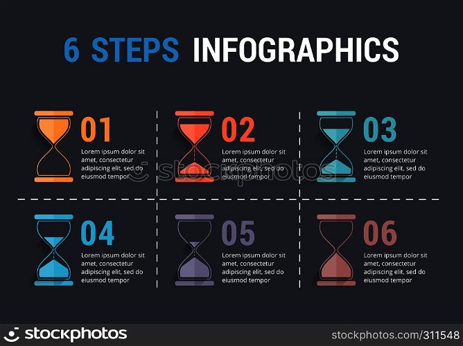 6 Steps infographics with hourglass, dark background, vector eps10 illustration. 6 Steps Infographics with Hourglass