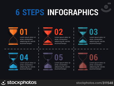 6 Steps infographics with hourglass, dark background, vector eps10 illustration. 6 Steps Infographics with Hourglass