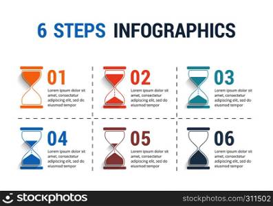 6 Steps infographics with hourglass, vector eps10 illustration. 6 Steps Infographics with Hourglass
