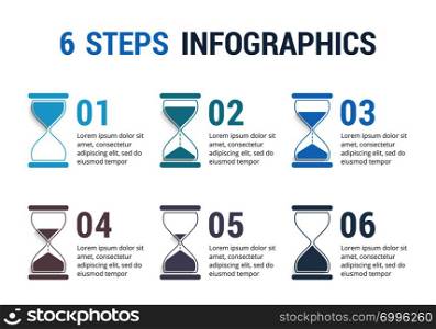 6 Steps infographics with hourglass, vector eps10 illustration. 6 Steps Infographics with Hourglass