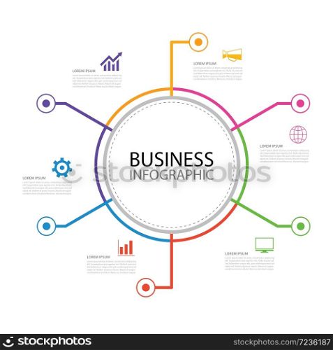 6 thin line minimal arrow business infographic circle template. Can be used for workflow layout, diagram, number options, web design, timeline