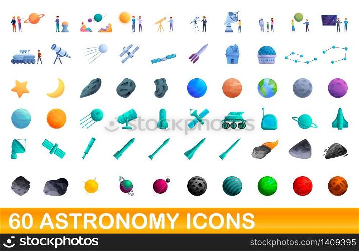 60 astronomy icons set. Cartoon illustration of 60 astronomy icons vector set isolated on white background. 60 astronomy icons set, cartoon style