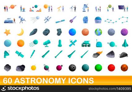60 astronomy icons set. Cartoon illustration of 60 astronomy icons vector set isolated on white background. 60 astronomy icons set, cartoon style