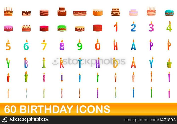 60 birthday icons set. Cartoon illustration of 60 birthday icons vector set isolated on white background. 60 birthday icons set, cartoon style
