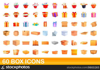 60 box icons set. Cartoon illustration of 60 box icons vector set isolated on white background. 60 box icons set, cartoon style