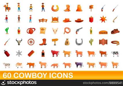 60 cowboy icons set. Cartoon illustration of 60 cowboy icons vector set isolated on white background. 60 cowboy icons set, cartoon style