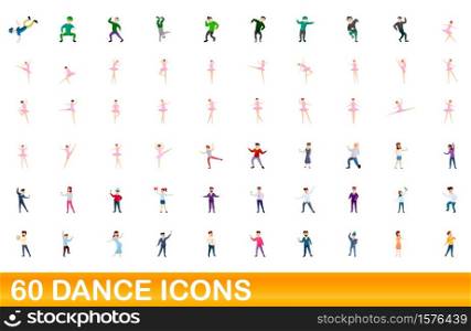 60 dance icons set. Cartoon illustration of 60 dance icons vector set isolated on white background. 60 dance icons set, cartoon style