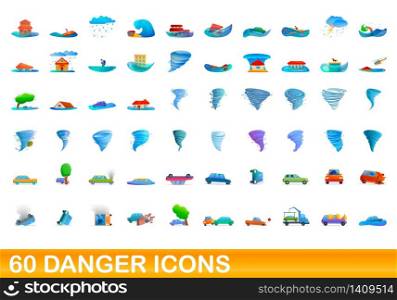 60 danger icons set. Cartoon illustration of 60 danger icons vector set isolated on white background. 60 danger icons set, cartoon style