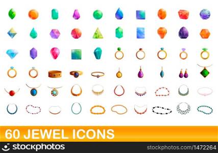 60 jewel icons set. Cartoon illustration of 60 jewel icons vector set isolated on white background. 60 jewel icons set, cartoon style