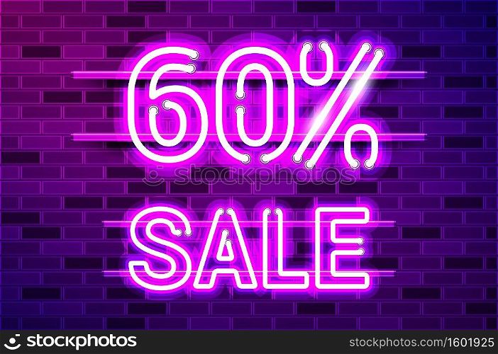 60 percent SALE glowing neon l&sign. Realistic vector illustration. Purple brick wall, violet glow, metal holders.. 60 percent SALE glowing purple neon l&sign