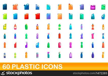 60 plastic icons set. Cartoon illustration of 60 plastic icons vector set isolated on white background. 60 plastic icons set, cartoon style