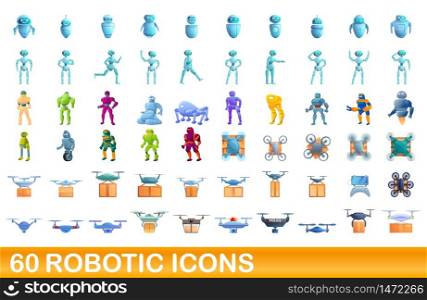 60 robotic icons set. Cartoon illustration of 60 robotic icons vector set isolated on white background. 60 robotic icons set, cartoon style