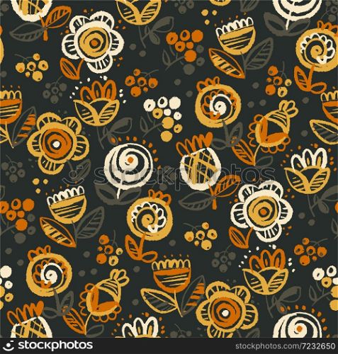 60s vibes orange on black floral seamless pattern for background, fabric, textile, wrap, surface, web and print design. Shabby hipster and rustic vibes flowers rapport.
