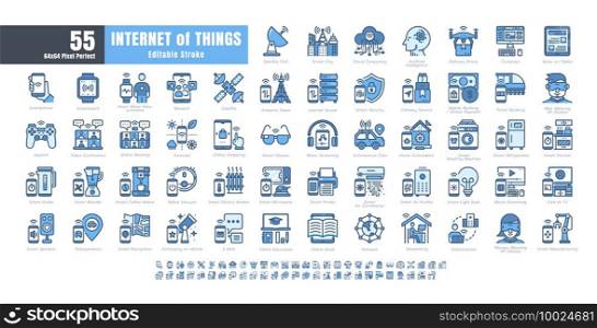 64x64 Pixel Perfect. Internet of Things  IOT . Monochrome Blue Filled Outline Icons Vector. for Website, Application, Printing, Document, Poster Design, etc. Editable Stroke