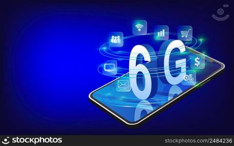 6G technology concept, a smartphone with the letters 6G Sixth generation. 3D type text,  storm frequency waves of Technology. network connection. with business, buy, social network icon for banner