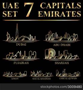 7 cities - the capitals of the United Arab Emirates, gold vector illustration on black background.