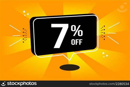 7% off. Orange banner and black balloon with (seven) percent off purchase and sale