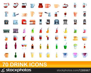 70 drink icons set. Cartoon illustration of 70 drink icons vector set isolated on white background. 70 drink icons set, cartoon style