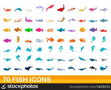 70 fish icons set. Cartoon illustration of 70 fish icons vector set isolated on white background. 70 fish icons set, cartoon style