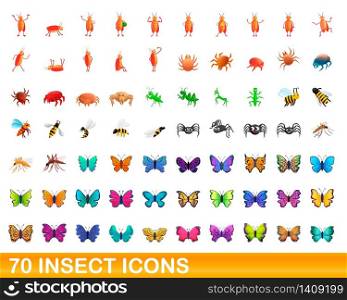 70 insect icons set. Cartoon illustration of 70 insect icons vector set isolated on white background. 70 insect icons set, cartoon style