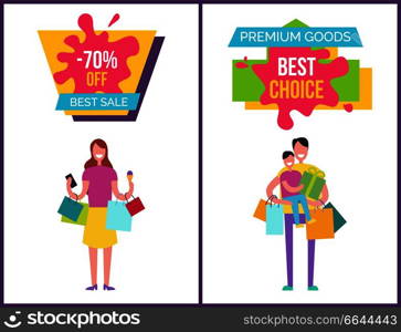 -70  off best sale and premium goods and choice, collection of banners with woman with ice-cream and father and son vector illustration. -70  Off Best Sale and Premium Vector Illustration