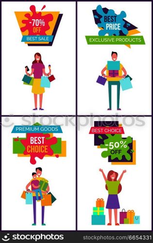-70% off best sale collection of posters representing women and family in process of shopping, bags and presents and good mood vector illustration. -70% Off Best Sale Collection Vector Illustration