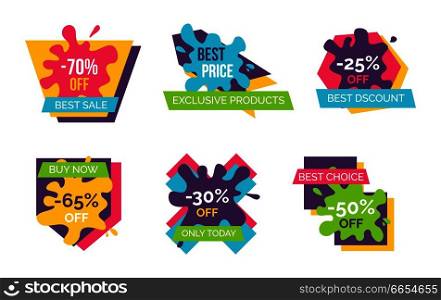 -70  off best sale, exclusive products and discounts only today, set of stickers representing shapes and bolts and text vector illustration. -70  Off Best Sale Stickers Vector Illustration
