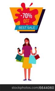 -70% off best sale promotion placard depicting female with brown hair, holding bags, wallet and ice-cream and smiling vector illustration. -70% Off Best Sale Placard Vector Illustration