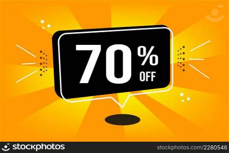 70% off. Orange banner with black balloon and 70 percent off purchase and sale