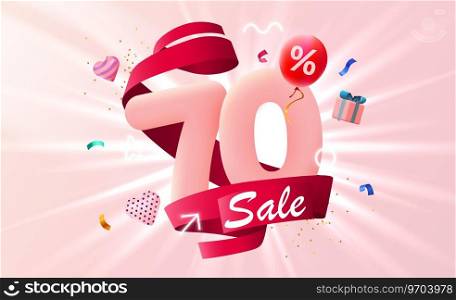 70 percent Off. Discount creative composition. 3d sale symbol with decorative objects, heart shaped balloons and gift box. Sale banner and poster. Vector illustration.. 60 percent Off. Discount creative composition. 3d sale symbol with decorative objects, heart shaped balloons and gift box. Sale banner and poster. Vector illustration.