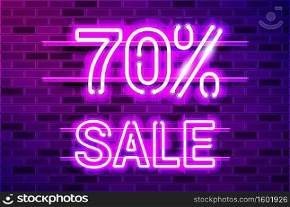 70 percent SALE glowing neon l&sign. Realistic vector illustration. Purple brick wall, violet glow, metal holders.. 70 percent SALE glowing purple neon l&sign