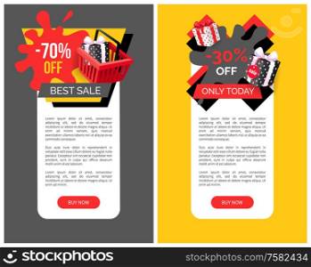 70 percent sale on products vector web site templates. Total price reduction, promo posters with wrapped gift boxes, vector labels or discount emblems. 70 Percent Sale on Products Vector Site Templates