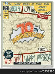 70 th anniversary. Happy birthday placard. Explosion in comic style with realistic puffs smoke. Vector vintage banner, poster for web and print template