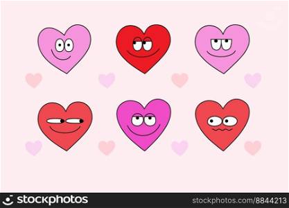 70s groovy heart cartoon character set. Hand drawn funky heart stickers in retro style for valentines day greeting cards.