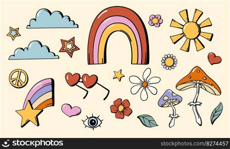 70s retro style nature and floral design elements set. Sun, cloud, rainbow, stars, flowers, mushroom, eye, leaf, heart. Hand drawn groovy vector illustration.