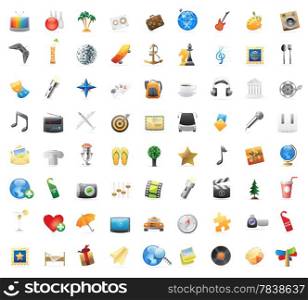 72 detailed icons for entertainment, leisure, travel and arts. Vector illustration.