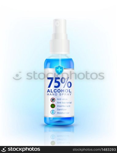 75% Alcohol hand sanitizer spray dispenser. Antibacterial effect, best protection against coronavirus (covid-19) Used as a disinfectant product mock up, advertisement, cleanser, package design.