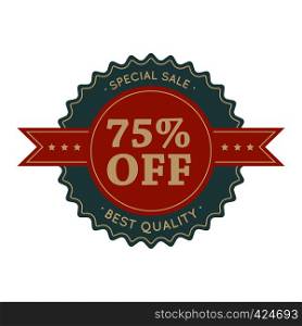 75 percent off, special sale vintage banner. Round symbol with ribbon on a white. 75 special sale vintage banner